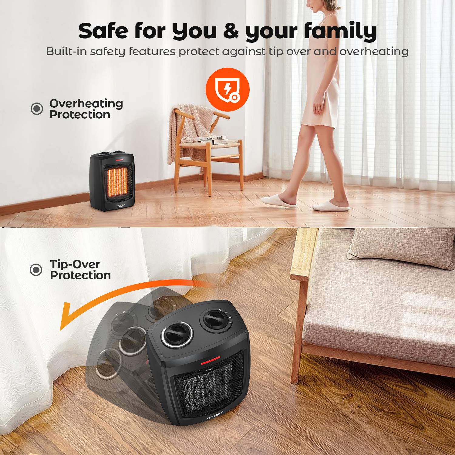 Portable Electric Space Heater 1500W/750W Personal Room Heater with  Thermostat, Small Desk Ceramic Heater with Tip Over and Overheat Protection  ETL